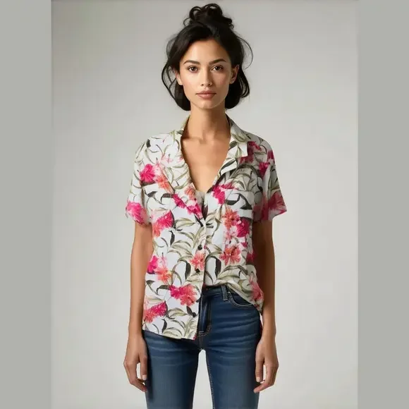 Kensie Jeans Linen Viscose Pink Floral Camp Shirt Size XL - Picture 1 of 6